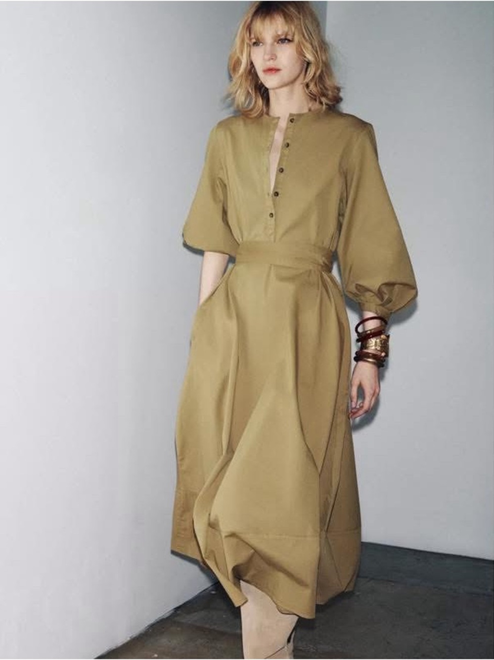 Zara Belted Midi Dress NWT Size M 96% Cotton Khaki Shirt Dress Boho Chic Pockets